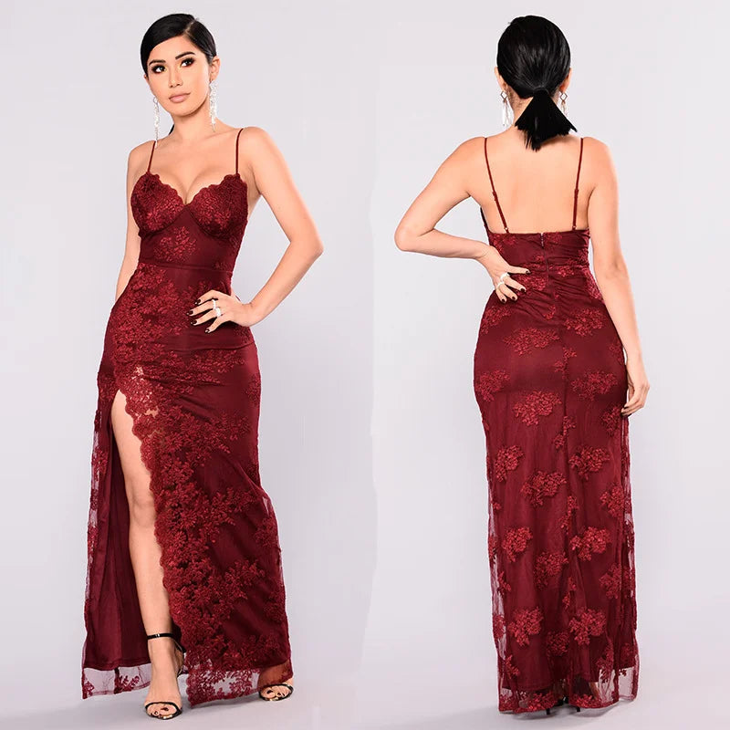 Glamorous Spaghetti-Straps Lace Appliques Evening Gowns Long Prom Dress With Split-BallBride