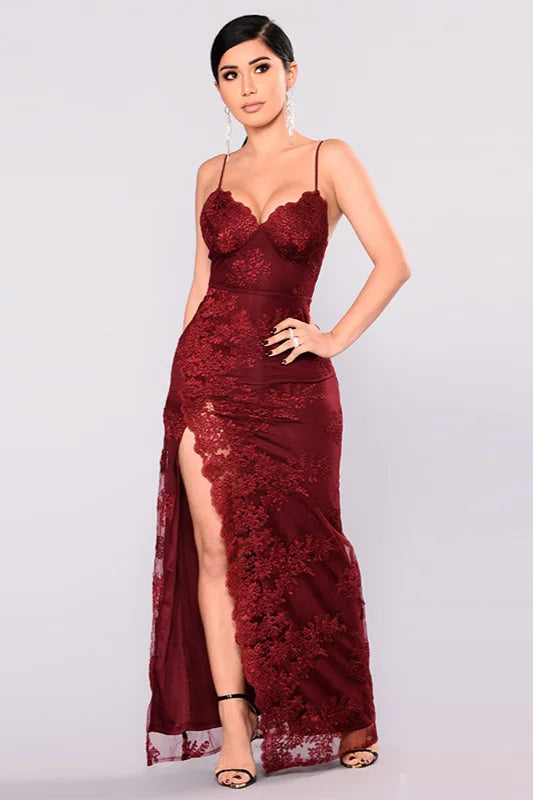 Glamorous Spaghetti-Straps Lace Appliques Evening Gowns Long Prom Dress With Split-BallBride