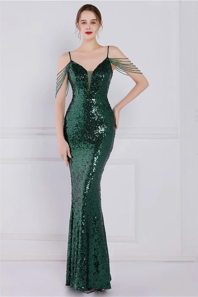 Glamorous Spaghetti-Straps Sequins Evening Gown Mermaid Sleeveless-BallBride