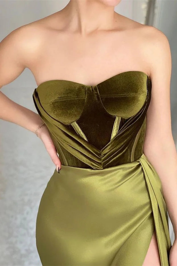 Glamorous Strapless Mermaid Long Evening Dress Slit Party Gowns-BallBride