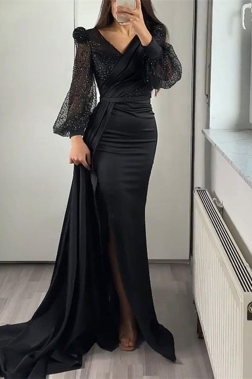 Glamorous V-Neck Long Sleeves Sequins Mermaid Split Evening Dress With Ruffle-BallBride