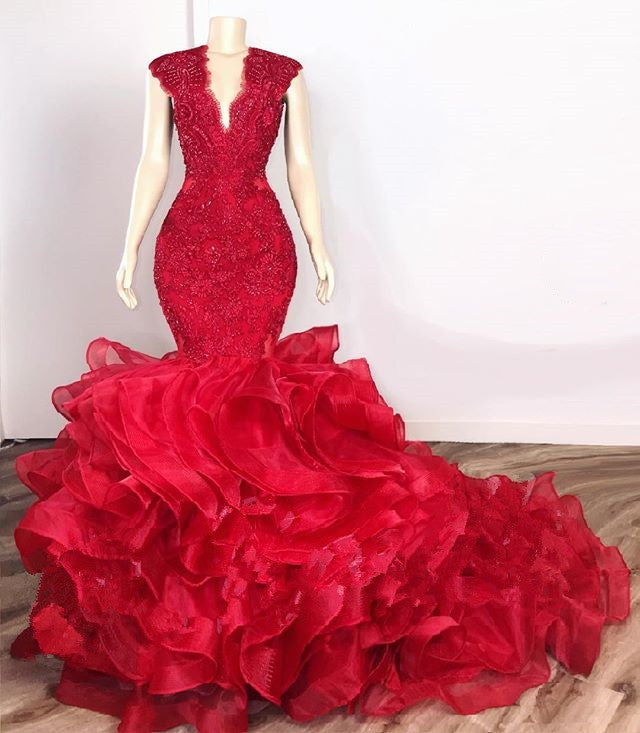 Glamorous V-Neck Sleeveless Tiered Appliques Prom Dress with Beads-BallBride