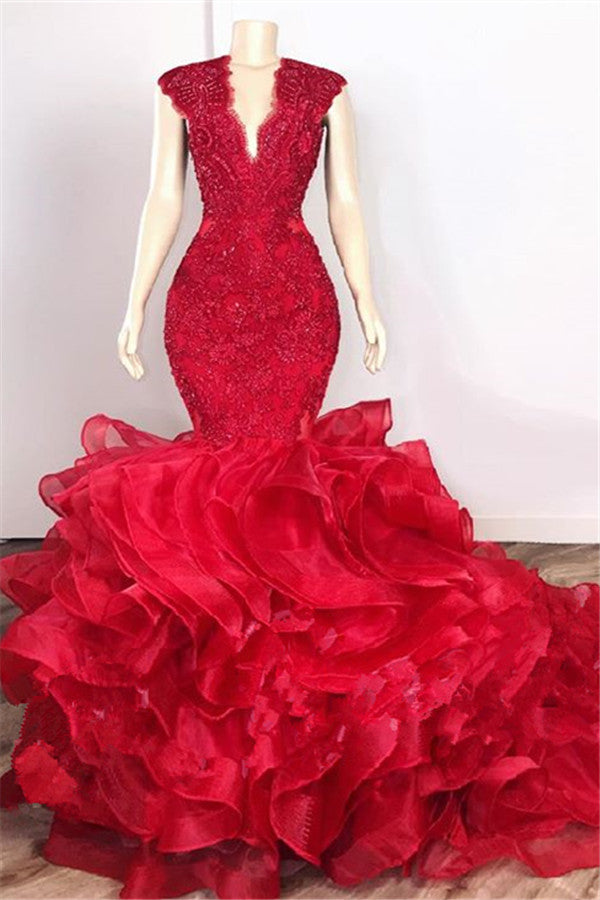 Glamorous V-Neck Sleeveless Tiered Appliques Prom Dress with Beads-BallBride