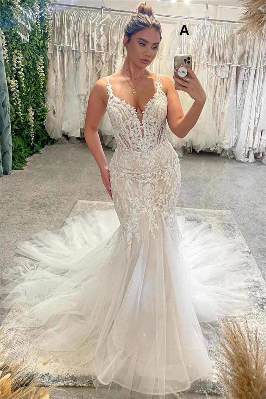 Glamorous V-Neck Spaghetti Straps Sleeveless Mermaid Bridal Gown-Ballbride