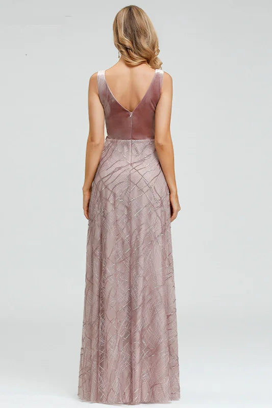 Glamorous V-Neck Velvet Top Prom Dress Long Sequins Evening Party Gowns-BallBride