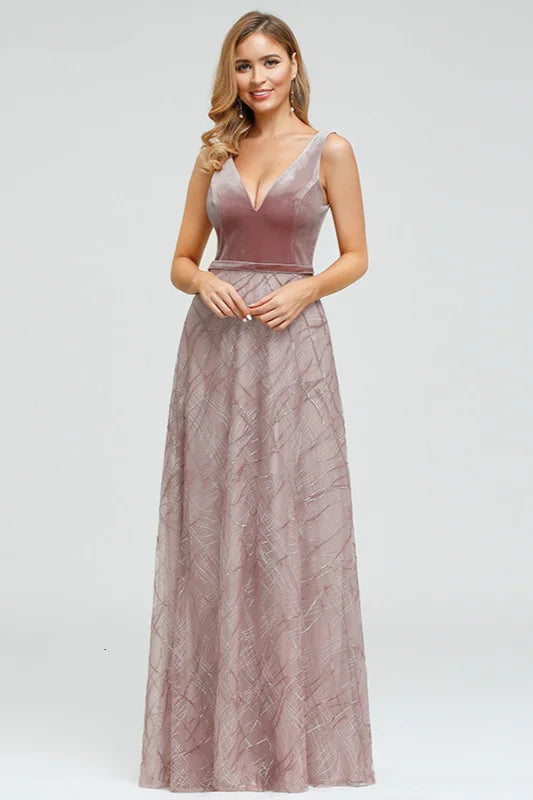 Glamorous V-Neck Velvet Top Prom Dress Long Sequins Evening Party Gowns-BallBride