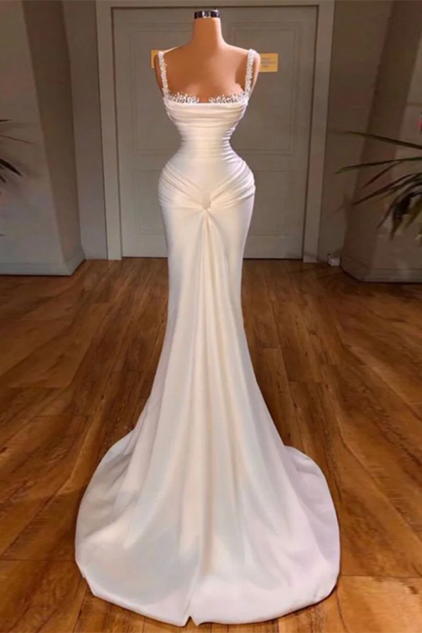 Glamorous White Ruffles Straps Sheath Appliques Prom Dress-BallBride