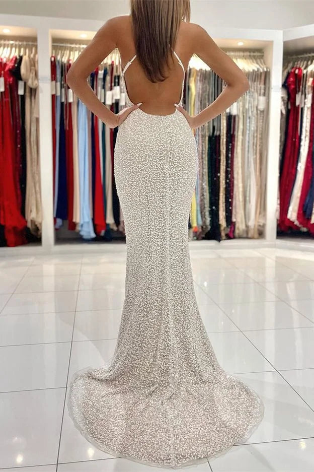 Glamorous White Spaghetti-Strals Sleeveless Mermaid Evening Dress Sequins Long-BallBride