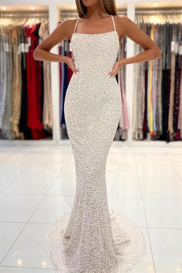 Glamorous White Spaghetti-Strals Sleeveless Mermaid Evening Dress Sequins Long-BallBride