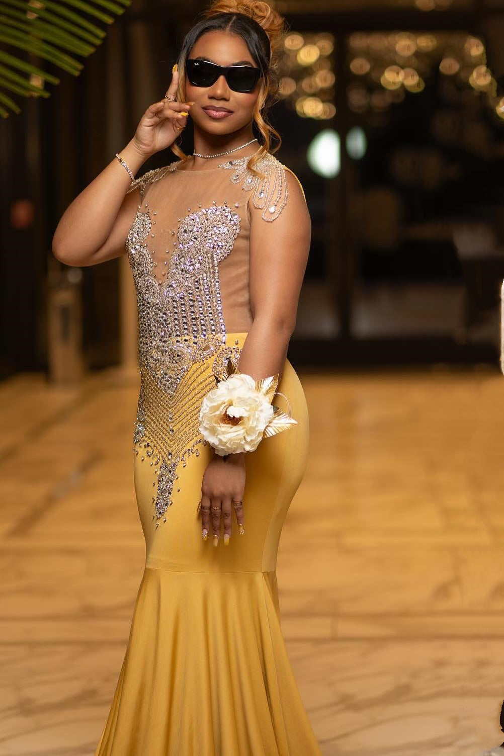 Glamorous Yellow Mermaid Cap Sleeve Crystal Prom Dress-BallBride