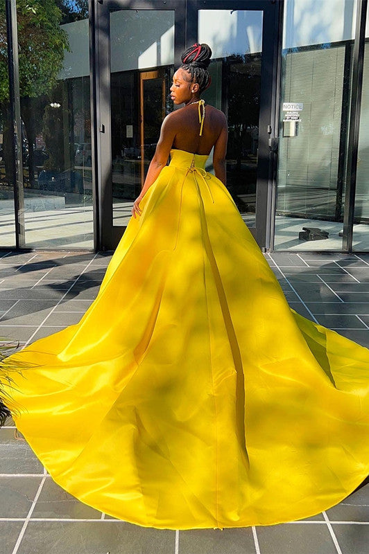 Glamorous Yellow Sequins V-Neck A-Line Prom Dress Sleeveless With Split-BallBride