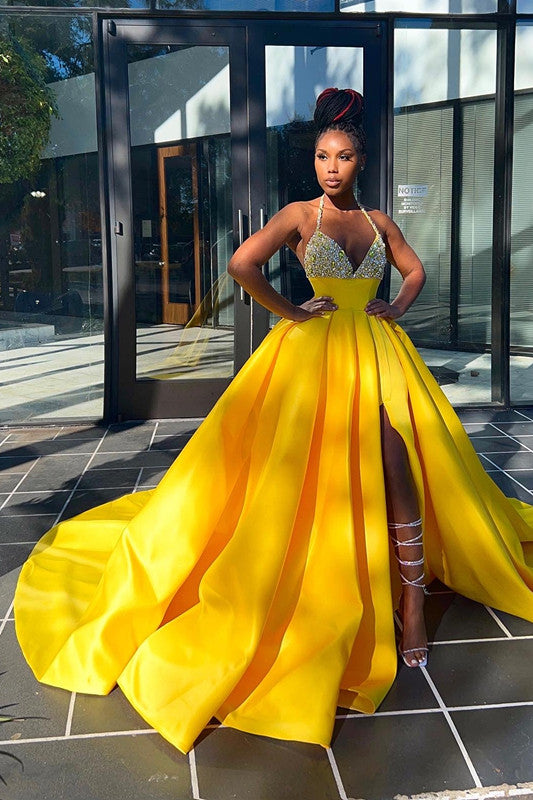 Glamorous Yellow Sequins V-Neck A-Line Prom Dress Sleeveless With Split-BallBride