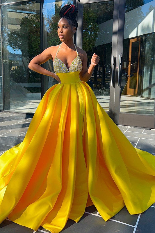 Glamorous Yellow Sequins V-Neck A-Line Prom Dress Sleeveless With Split-BallBride