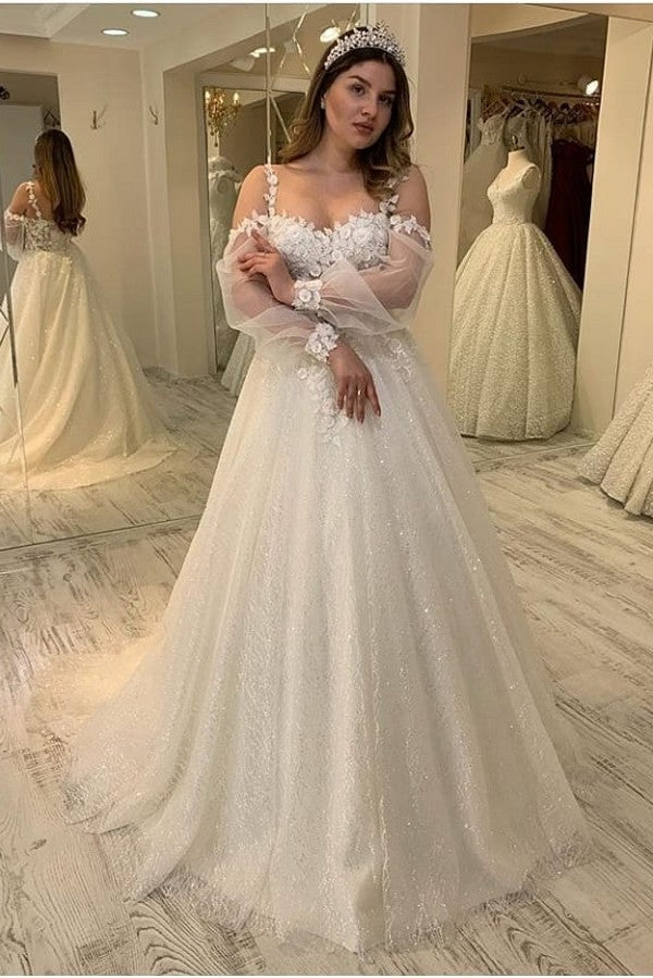 Gliiter Sweetheart Spaghetti-Straps Long Wedding Dress With Sleeves-BallBride