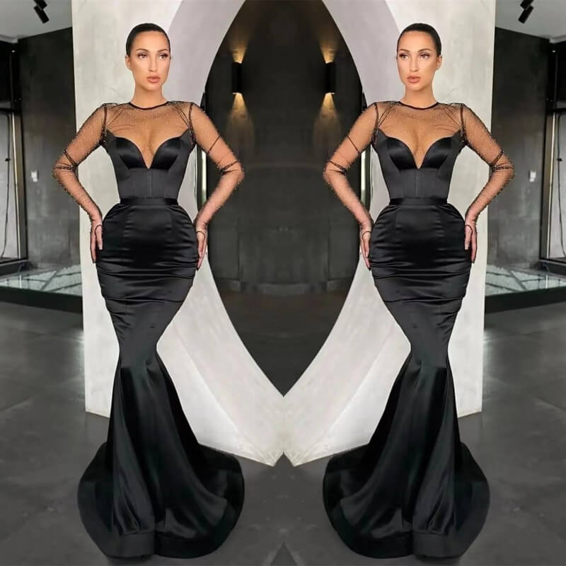 Glorious Black Long Sleeves Prom Dress - Mermaid Illussion On Sale-BallBride