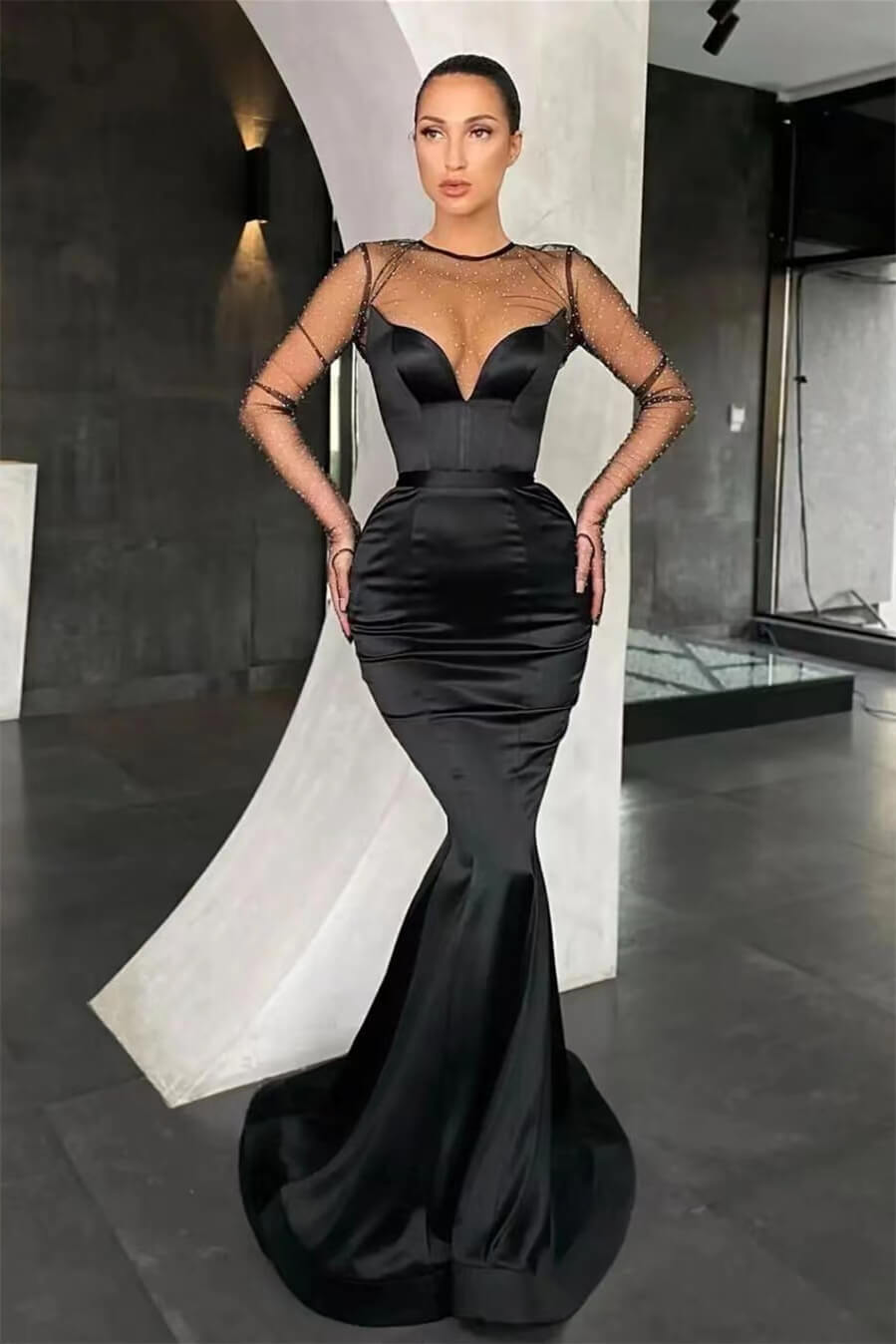 Glorious Black Long Sleeves Prom Dress - Mermaid Illussion On Sale-BallBride
