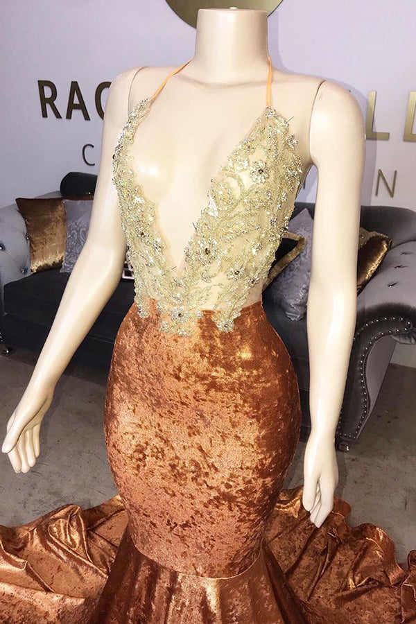 Gold Brown Halter Mermaid Velvet Beadings Prom Dress-BallBride