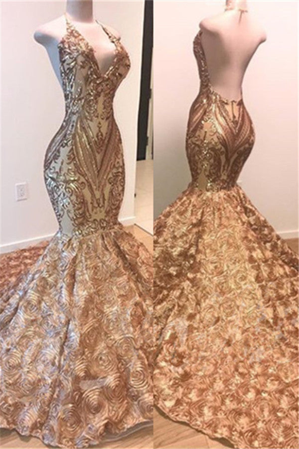 Gold Halter Backless Mermaid Sequins Flowers Prom Dress-BallBride