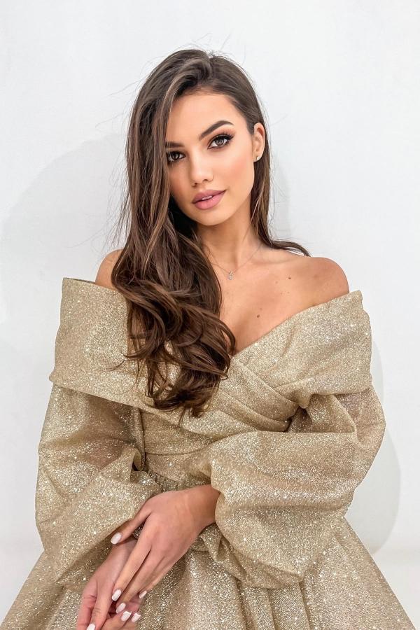 Gold Long Sleeve Off The Shoulder A Line Draped Tulle Prom Dress with Beads-BallBride