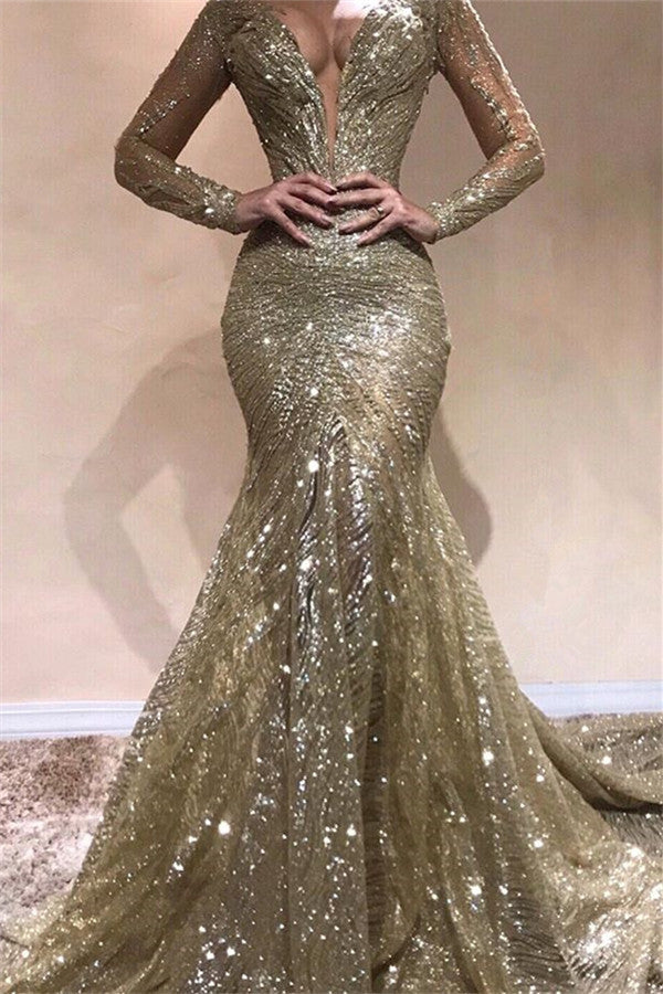 Gold Long Sleeves V-Neck Mermaid Ruffles Beads Prom Dress-BallBride