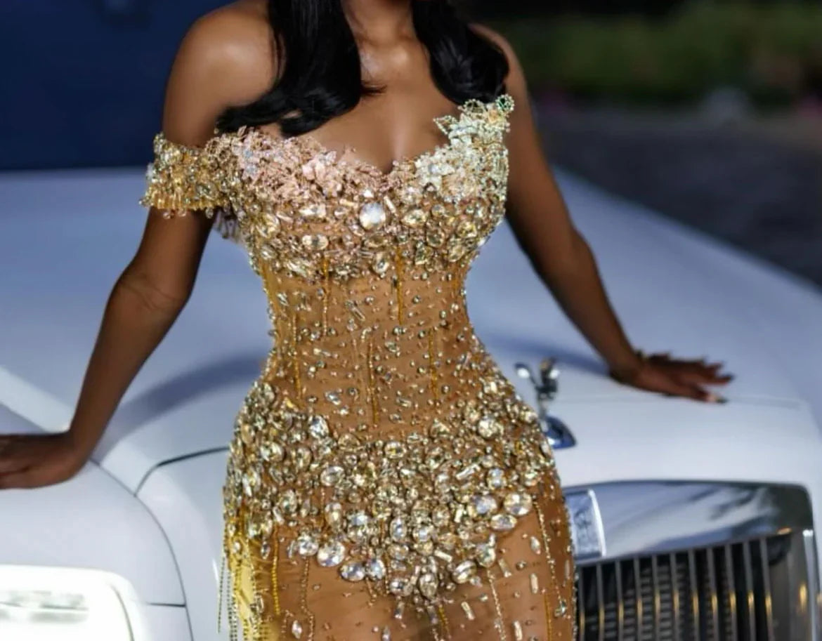 Gold Off Shoulder Sweetheart Silver Gems Floor length Prom Dress-BallBride