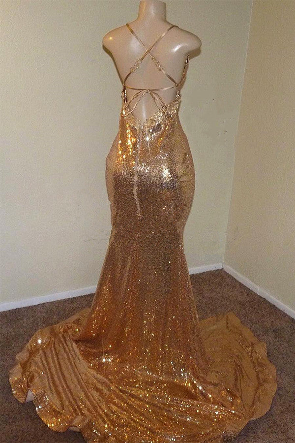 Gold Sequins Spaghetti Straps Mermaid Side Slit Prom Dress-BallBride