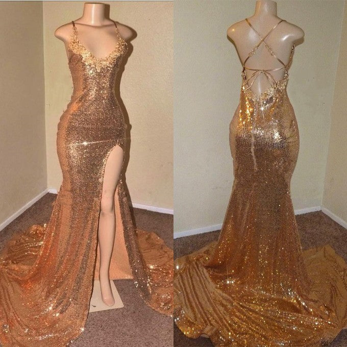 Gold Sequins Spaghetti Straps Mermaid Side Slit Prom Dress-BallBride