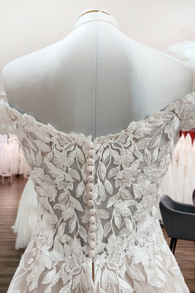 Gorgeous A-line Off-the-shoulder Wedding Dress With Tulle Lace Ruffles-BallBride