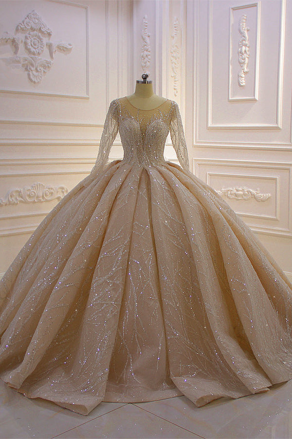 Gorgeous Bateau Long Sleeves Floor-length Ball Gown Wedding Dress with Ruffles-BallBride