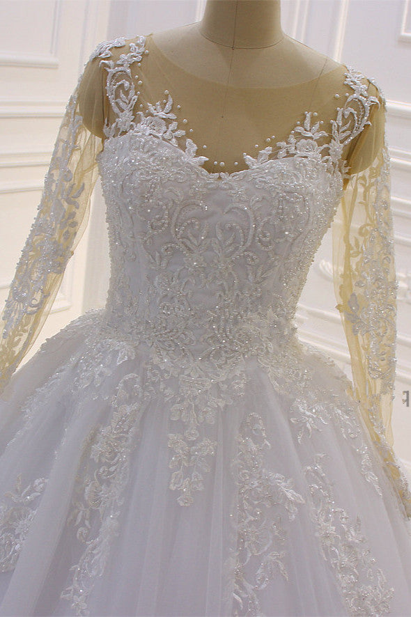 Gorgeous Bateau Long Sleeves Lace A-Line Wedding Dress with Pearl Tulle Appliques-BallBride