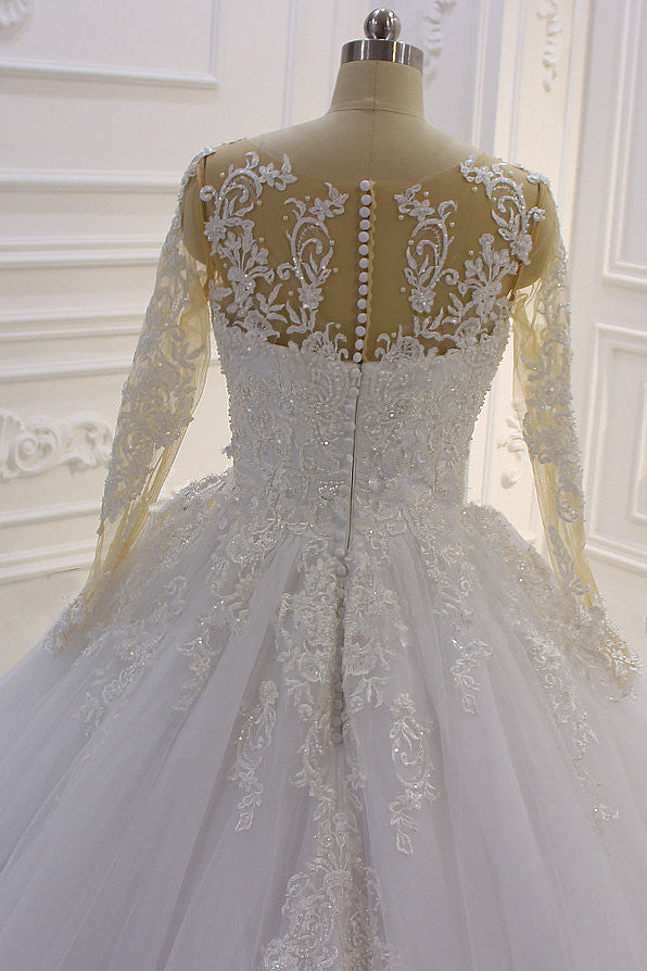 Gorgeous Bateau Long Sleeves Lace A-Line Wedding Dress with Pearl Tulle Appliques-BallBride