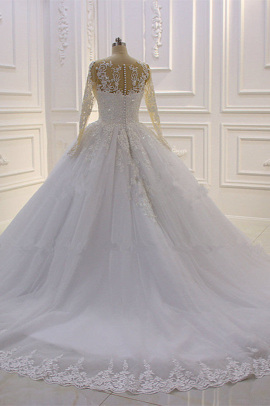 Gorgeous Bateau Long Sleeves Lace A-Line Wedding Dress with Pearl Tulle Appliques-BallBride