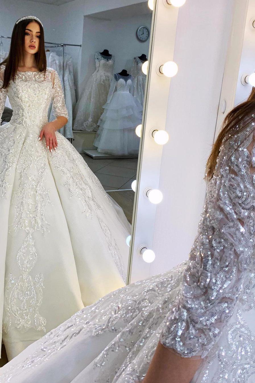 Gorgeous Bateau Satin Princess Wedding Dress With Appliques Lace-BallBride