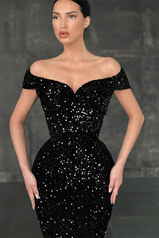 Gorgeous Black Mermaid Prom Dress with Off-the-Shoulder Sequins-BallBride