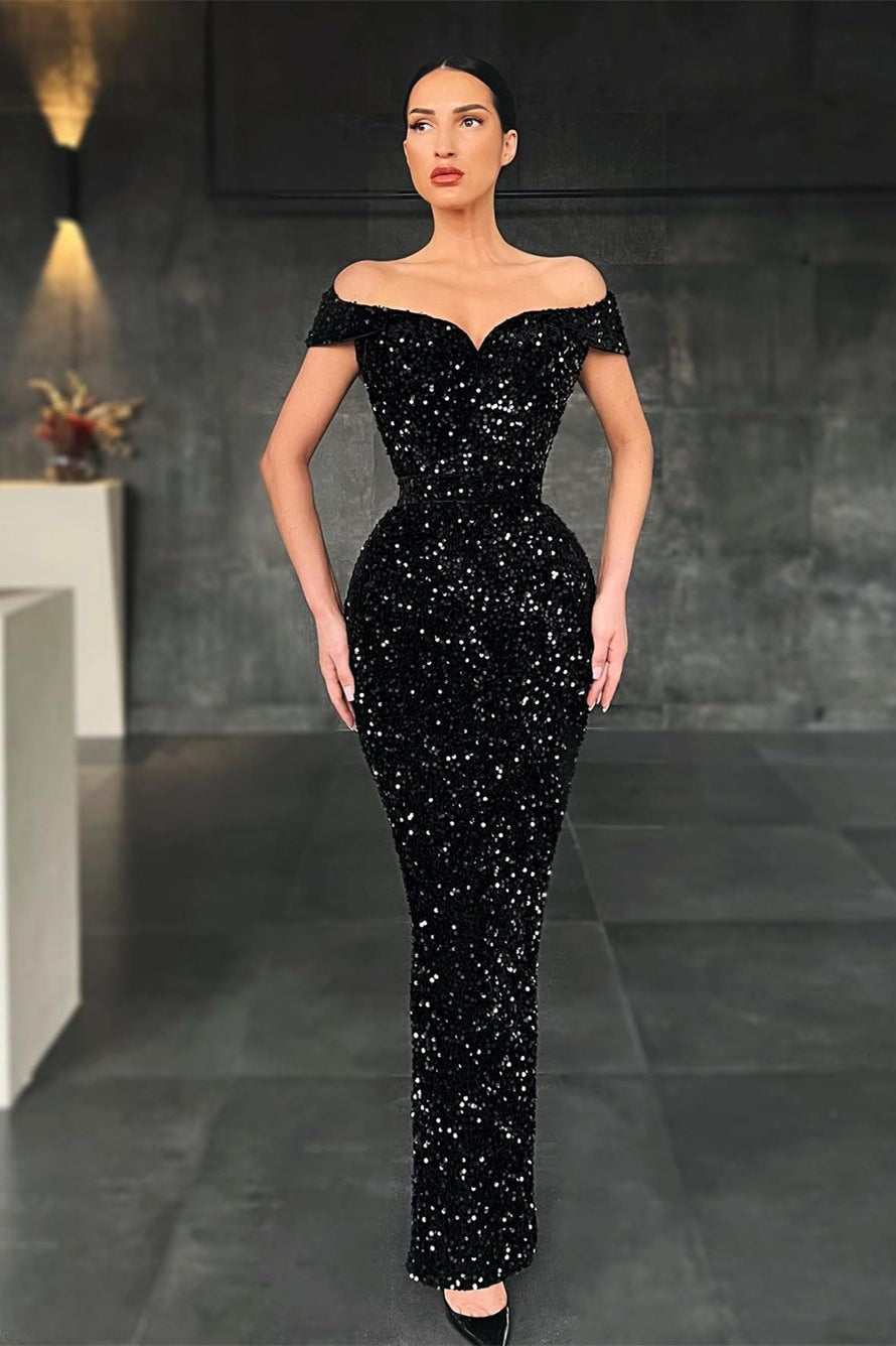 Gorgeous Black Mermaid Prom Dress with Off-the-Shoulder Sequins-BallBride