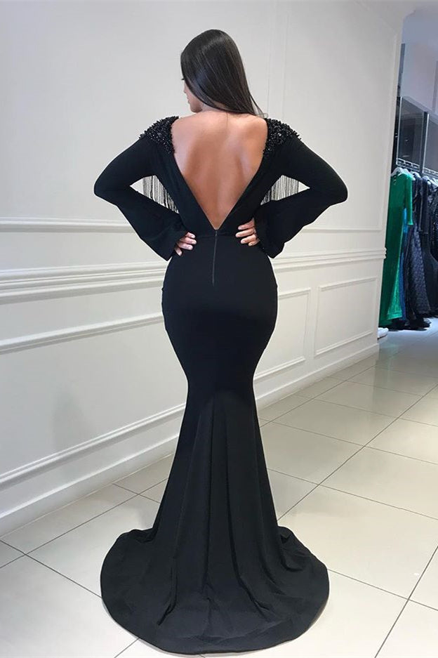 Gorgeous Black V-Neck Long Sleeves Prom Dress With Tassels and Open Back-BallBride