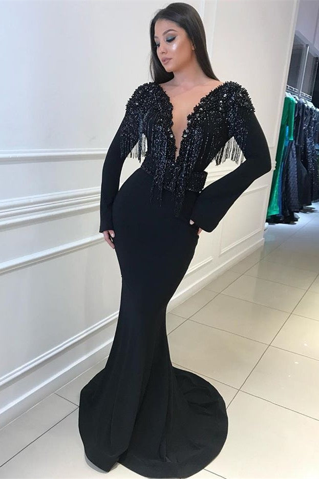 Gorgeous Black V-Neck Long Sleeves Prom Dress With Tassels and Open Back-BallBride