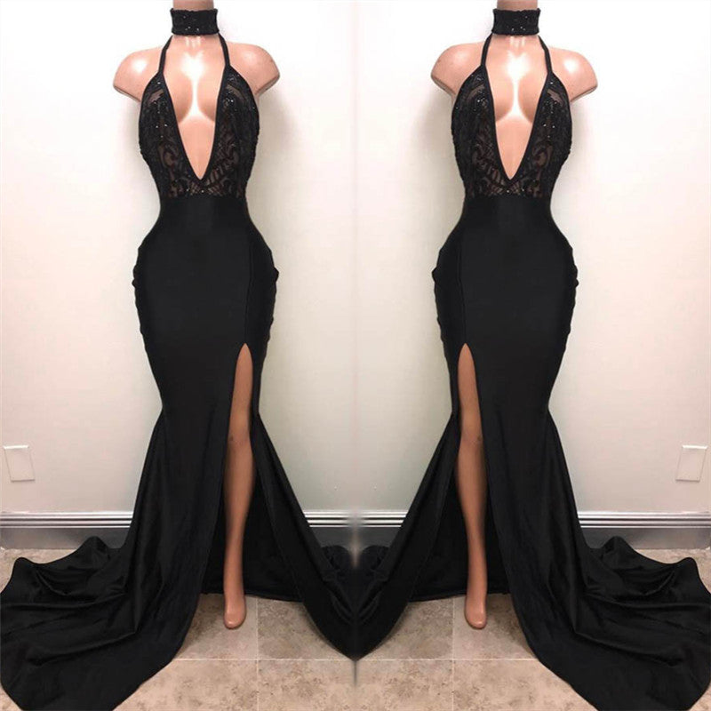 Gorgeous Black V-Neck Sleeveless Prom Dress with Mermaid Split and Sequins-BallBride