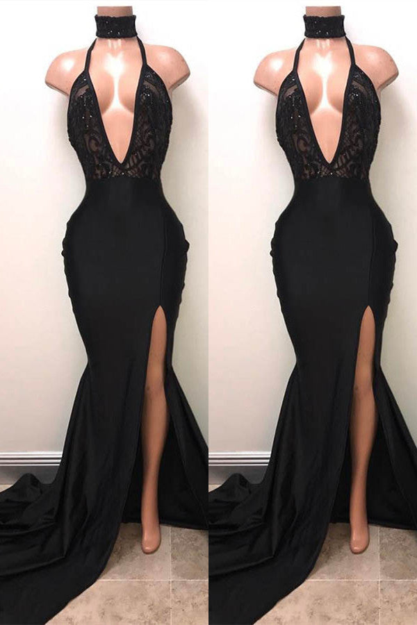Gorgeous Black V-Neck Sleeveless Prom Dress with Mermaid Split and Sequins-BallBride