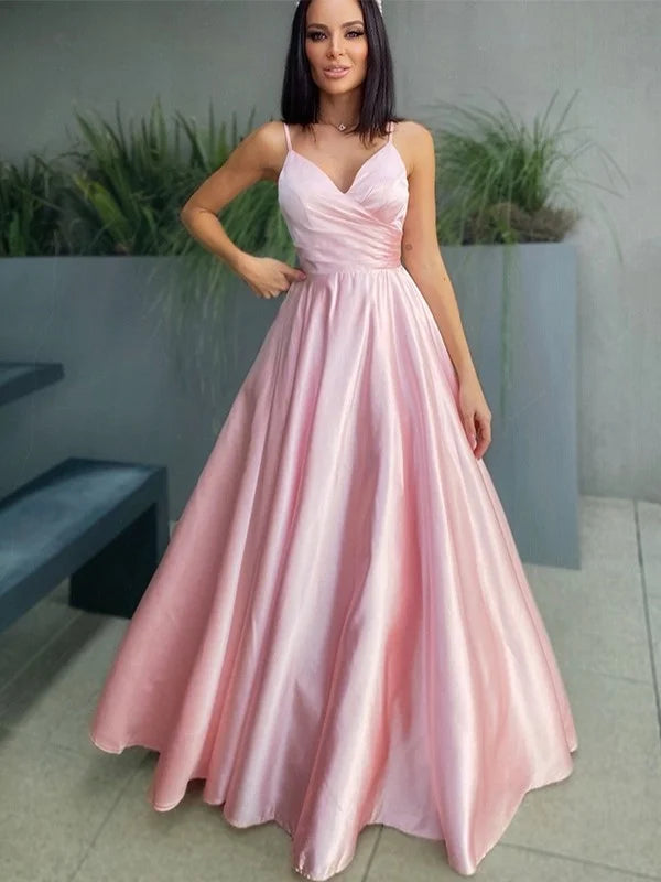 Gorgeous Blushing Pink Spaghetti-Straps V-Neck Evening Dress Long-BallBride