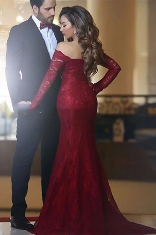Gorgeous Burgundy Long Sleeves Mermaid Evening Dress Off-the-Shoulder-BallBride