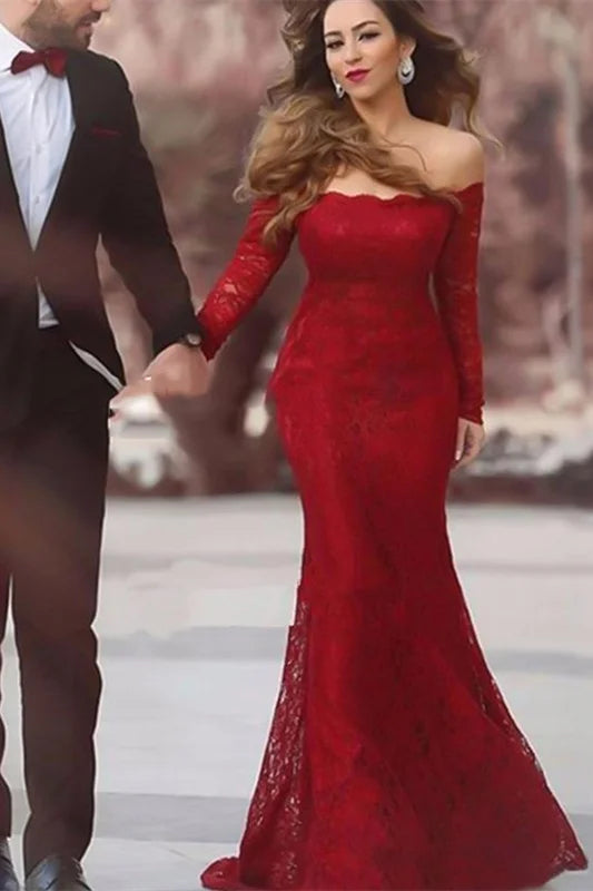 Gorgeous Burgundy Long Sleeves Mermaid Evening Dress Off-the-Shoulder-BallBride