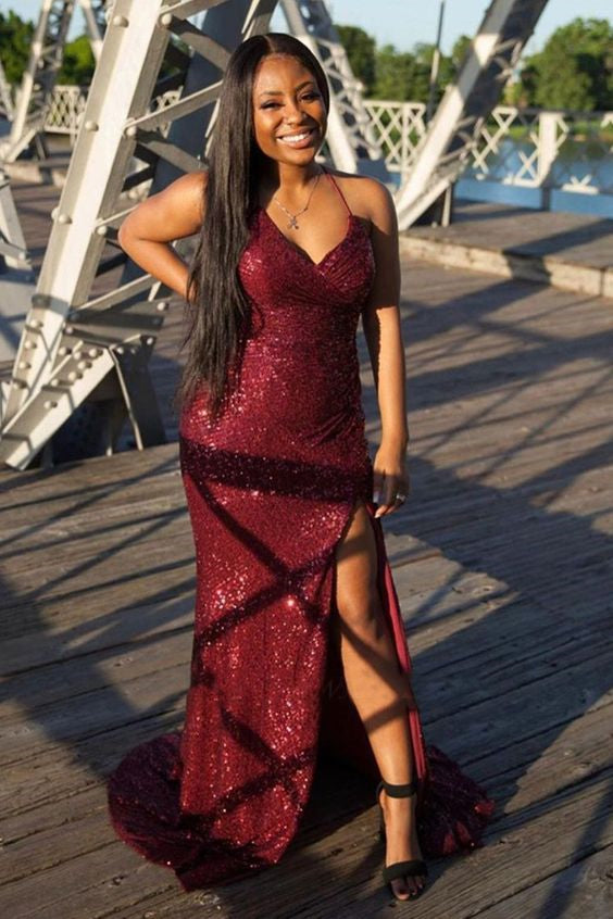 Gorgeous Burgundy Sequins Mermaid Prom Dress with Slit & Spaghetti-Straps-BallBride