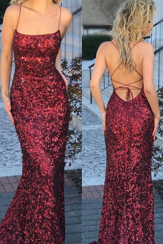 Gorgeous Burgundy Sequins Mermaid Prom Dress with Spaghetti-Straps-BallBride