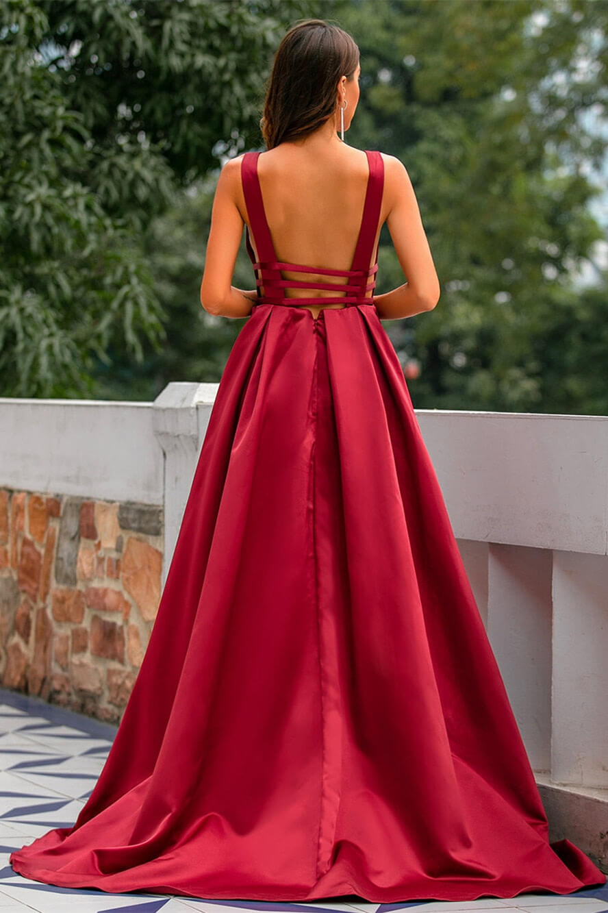 Gorgeous Burgundy Sleeveless Long Evening Dress with Open Back Online-BallBride
