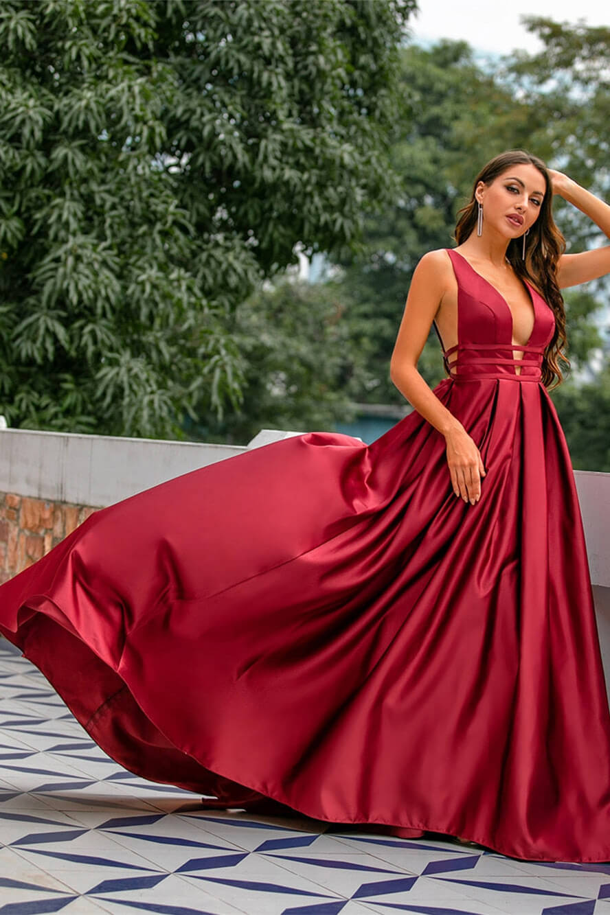 Gorgeous Burgundy Sleeveless Long Evening Dress with Open Back Online-BallBride