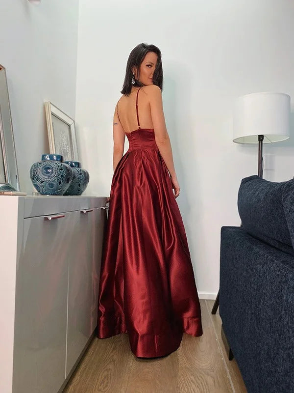 Gorgeous Burgundy Spaghetti-Straps Evening Dress Long With Slit-BallBride