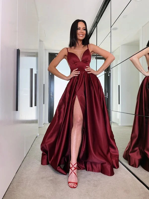 Gorgeous Burgundy Spaghetti-Straps Evening Dress Long With Slit-BallBride