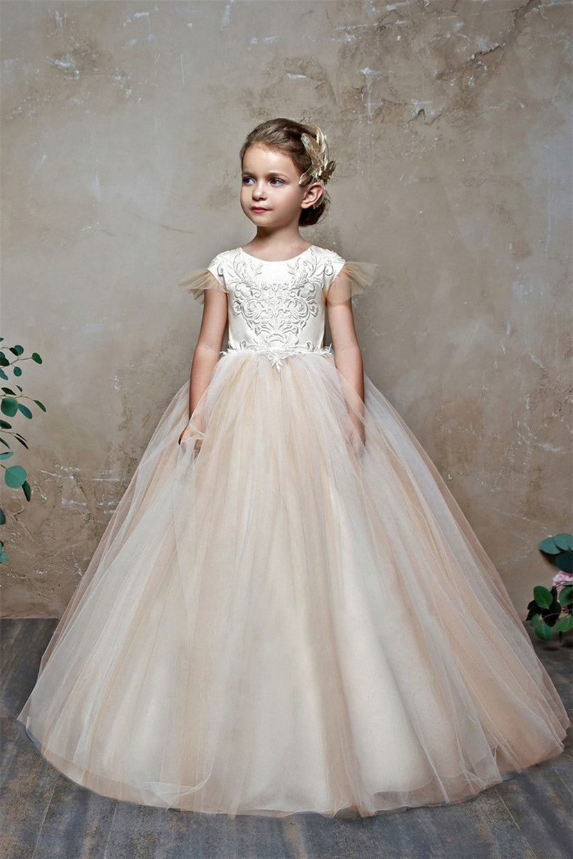 Gorgeous Cap Sleeveless Tulle Flower Girl Dress with Zipper Button Back and Bowknot-BallBride