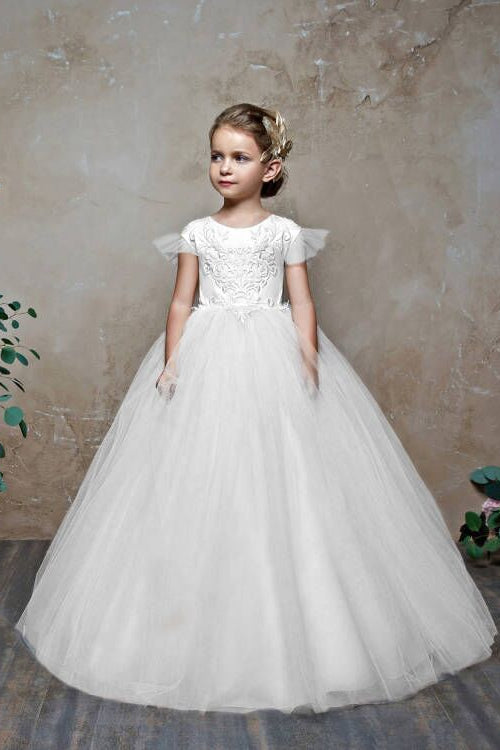 Gorgeous Cap Sleeveless Tulle Flower Girl Dress with Zipper Button Back and Bowknot-BallBride